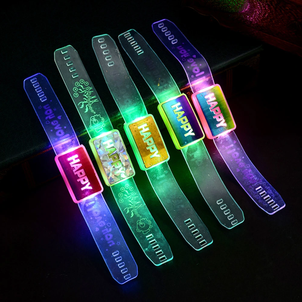 12pcs Flashing Wrist Band HAPPY Luminous Hand Ring LED Bracelet Festival Birthday Party Accessories (Random Color)