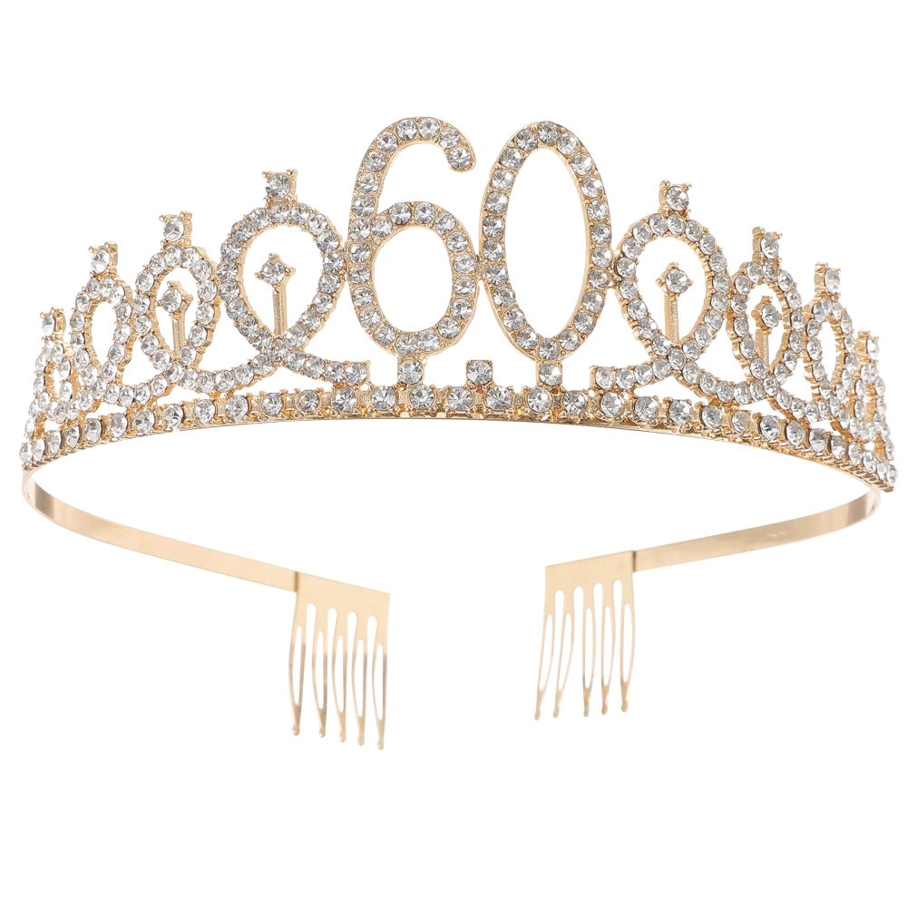 1PC 60th Birthday Crown Hollow Alloy Rhinestone Inlay Headband Hair Clasp with Comb for Party (Golden)