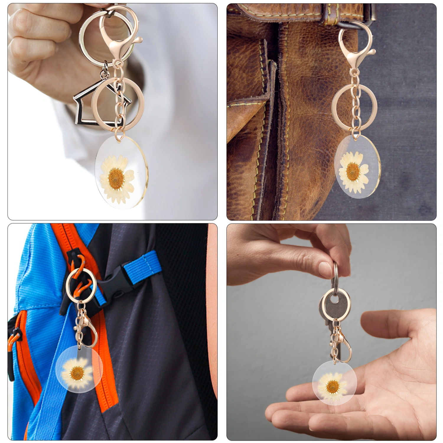 2pcs Metal Key Chains Dried Flower Key Rings Backpack Key Pendants Purse Hanging Decorations