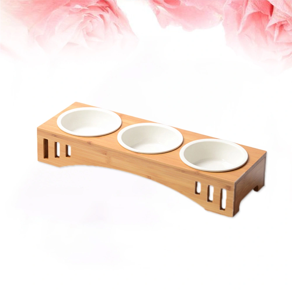 Solid Wood Pet Dining Table Bowl Pet Wooden Tilted Feeders Dog cat Anti-slip Three Bowl Cat Dish with Slope Stand(Heighten,Three Bowls)