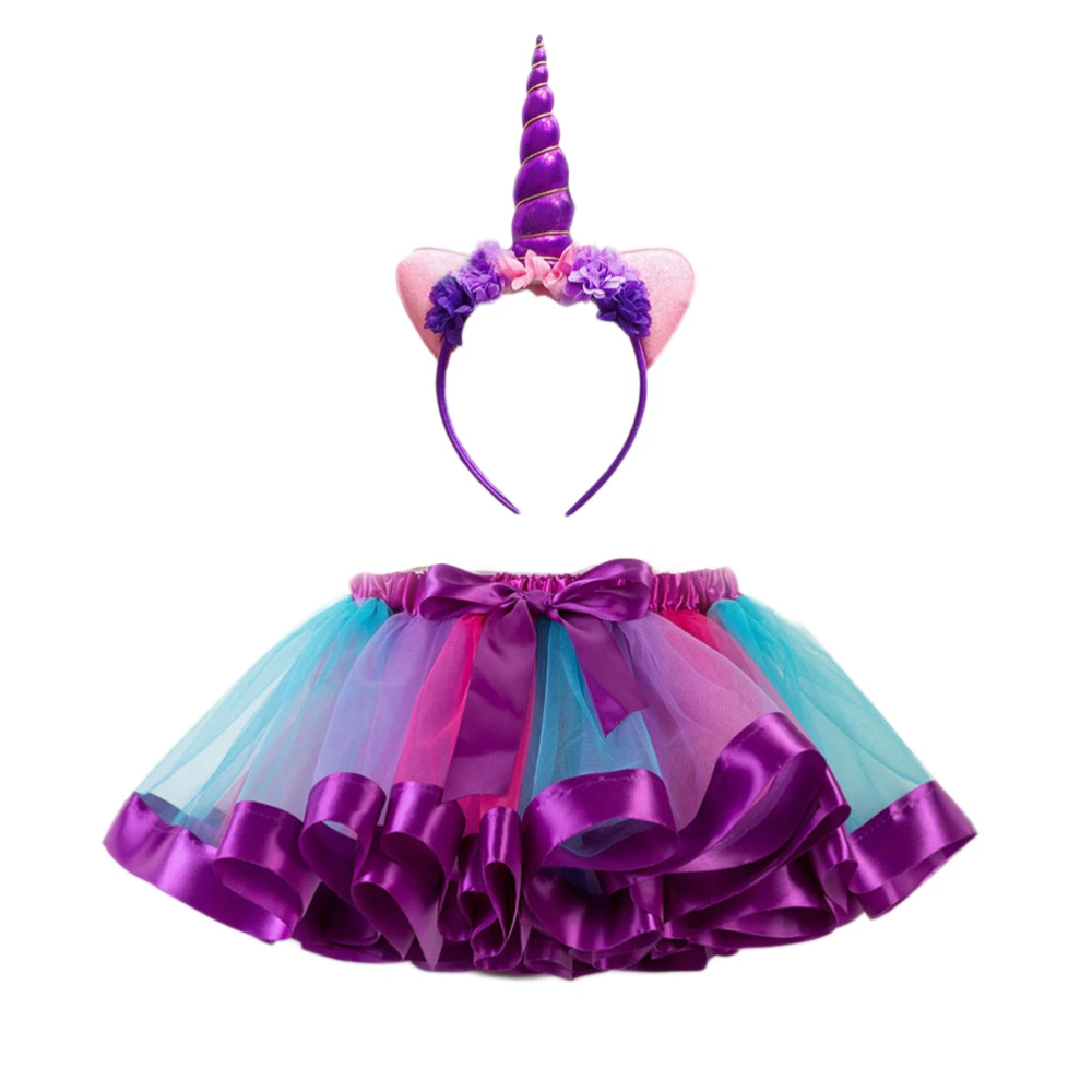 Kids Rainbow Tutu Skirt Baby Girl Costume Ballet Skirt for Carneval Party Dacing Performance Christmas Unicorn Headwear Half-length Rainbow Skirt Set - Size L (Hairband and Skirt)(Purple)