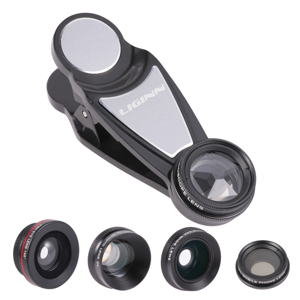 6 in 1 Phone Lens Set Macro Fisheye Camera Lens Wide Angle Telephoto Lens with Clip for Smartphone (Black)