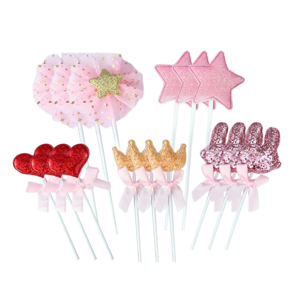 15PCS Novel Birthday Cake Decor Cartoon Crown Star Rabbit Heart-shaped Bowknot Cake Picks Lovely Cake Decorative Plug Mesh Legging Cake Toppers