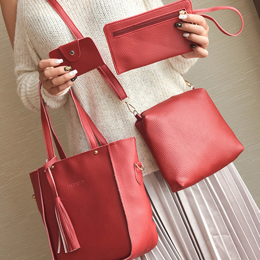 Women Four Set bag PU Leather Handbag Shoulder Crossbody Bag Wallet (Red)