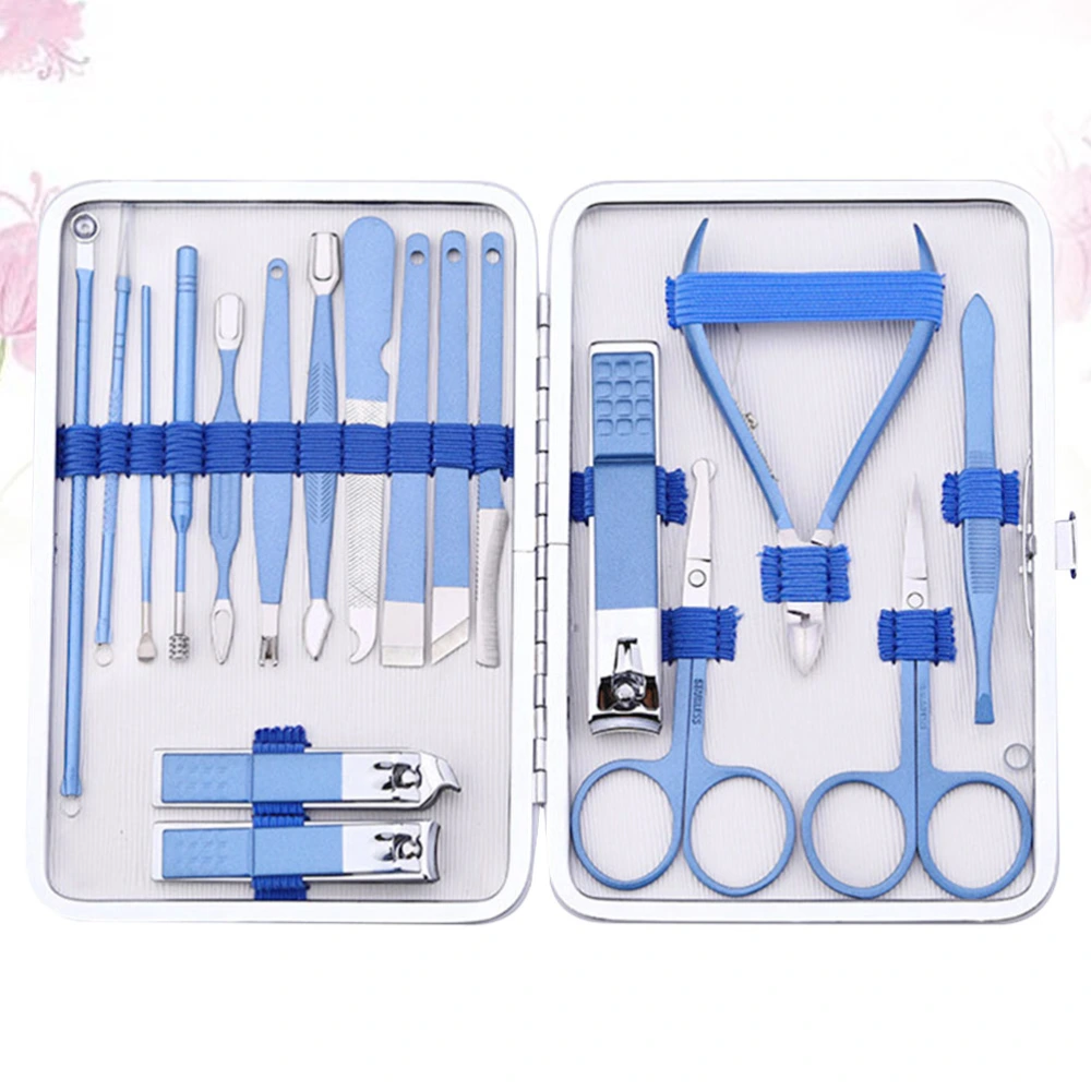 1 Set of 18PCS Stainless Steel Nail Clippers Household Pedicure Scissors Nail Files Durable Portable Manicure Kit (Sapphire Blue)