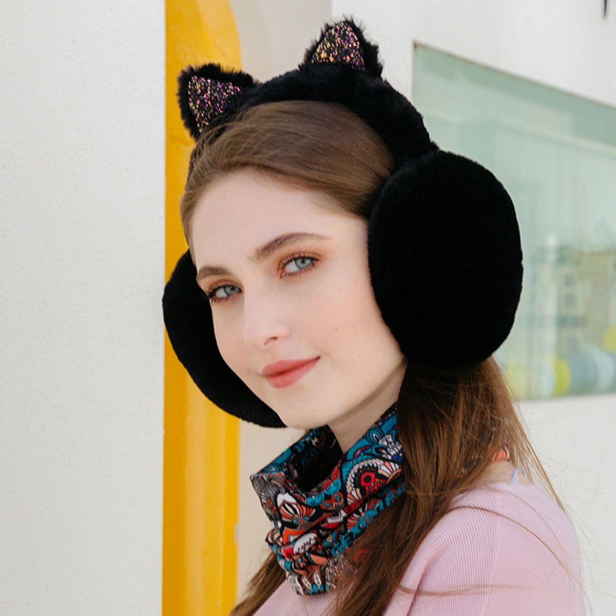 1PC Cold-proof Plush Earmuffs Cartoon Cat Ear Earmuffs Lovely Winter Ear Warmer Warm Folding Ear Muffs for Girls Wearing Black