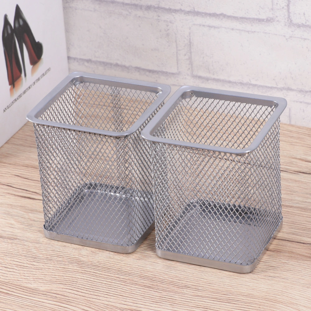 2pcs Metal Pen Pot Square Mesh Pencil Holder Container Organizer (Silver)