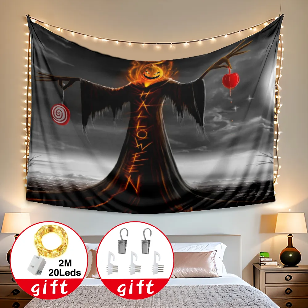 Halloween Decorative Tapestry, Wall Hanging Horror Skeleton Cemetery Pumpkin Lantern Misty Dead Halloween Tapestry, for Living Room Bedroom Aesthetic Decor,#184