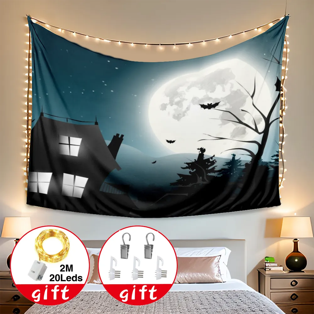 Halloween Tapestry, Wall Hanging Scary Full Moon Night Crow and Bat Tapestry, for Bedroom Living Room Dorm Party,#196