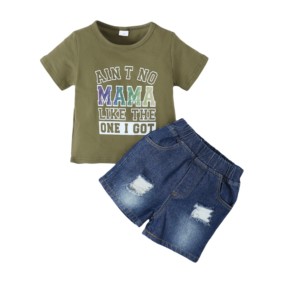 Toddler Boys Summer Outfits, Letter T-Shirt + Ripped Denim Shorts Set