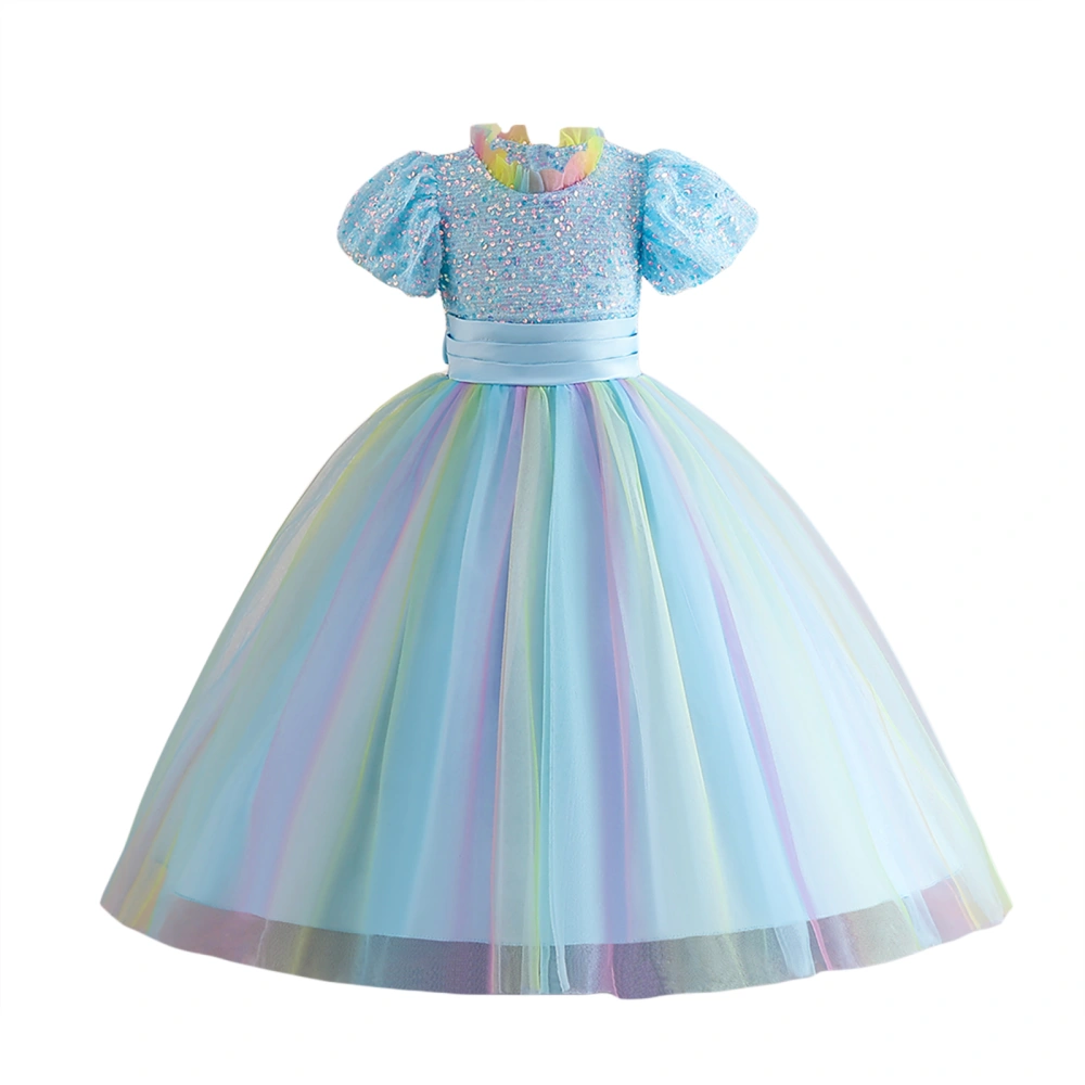 Girl Short Sleeve Round Neck Sequined Princess A-Lined Dress