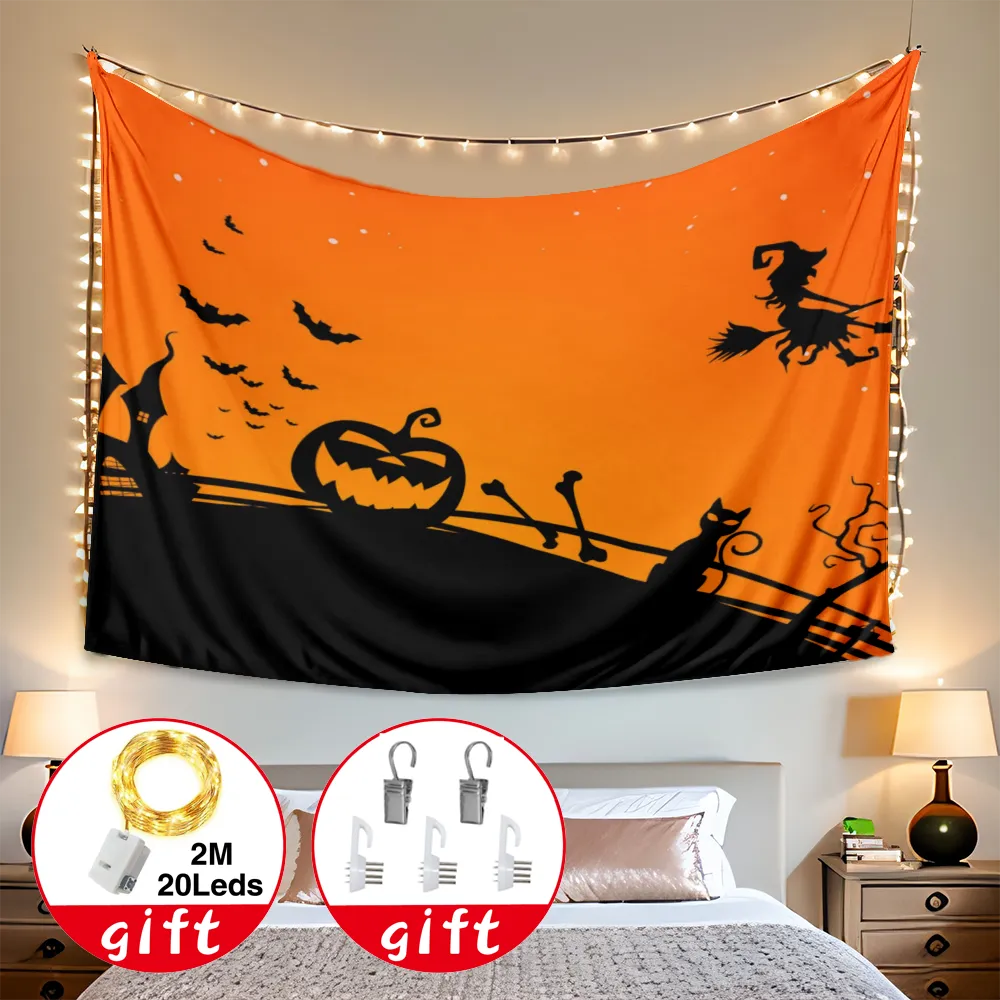 Halloween Tapestry, Wall Hanging Horror Skeleton Cemetery Pumpkin Lantern Misty Dead Halloween Tapestry, for Living Room,#205