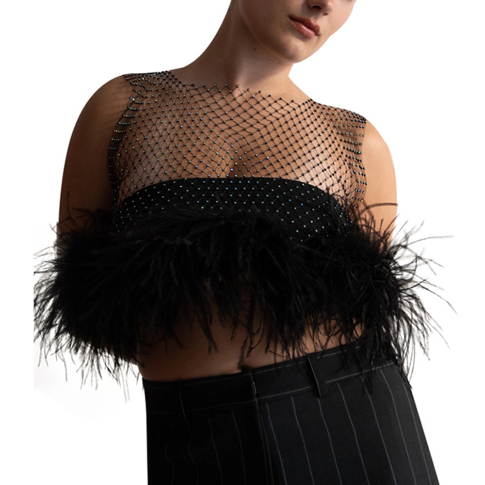 Women Fishnet Tank Tops, Rhinestone Sleeveless Feather Trim Crop Tops