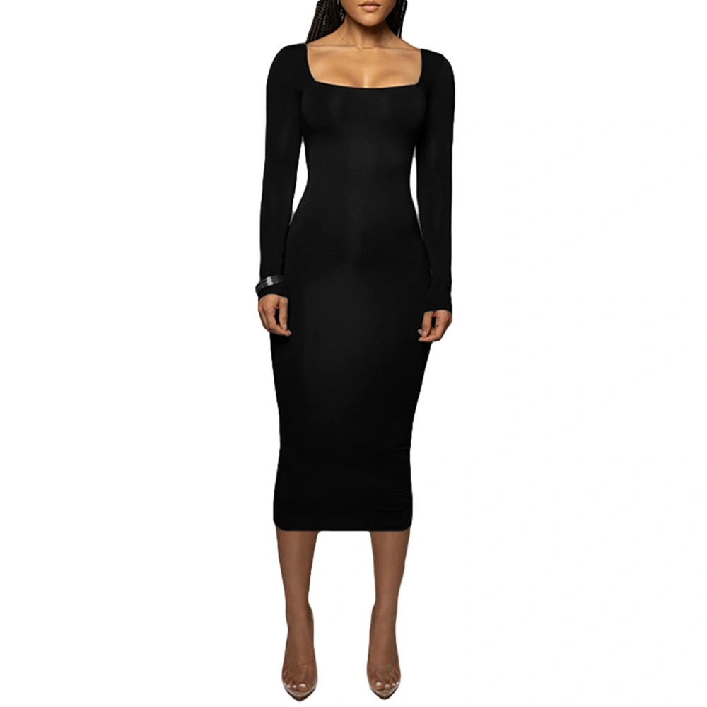 Women Wrapped Long Sleeve Square Neck Midi Party Street Fall Dress