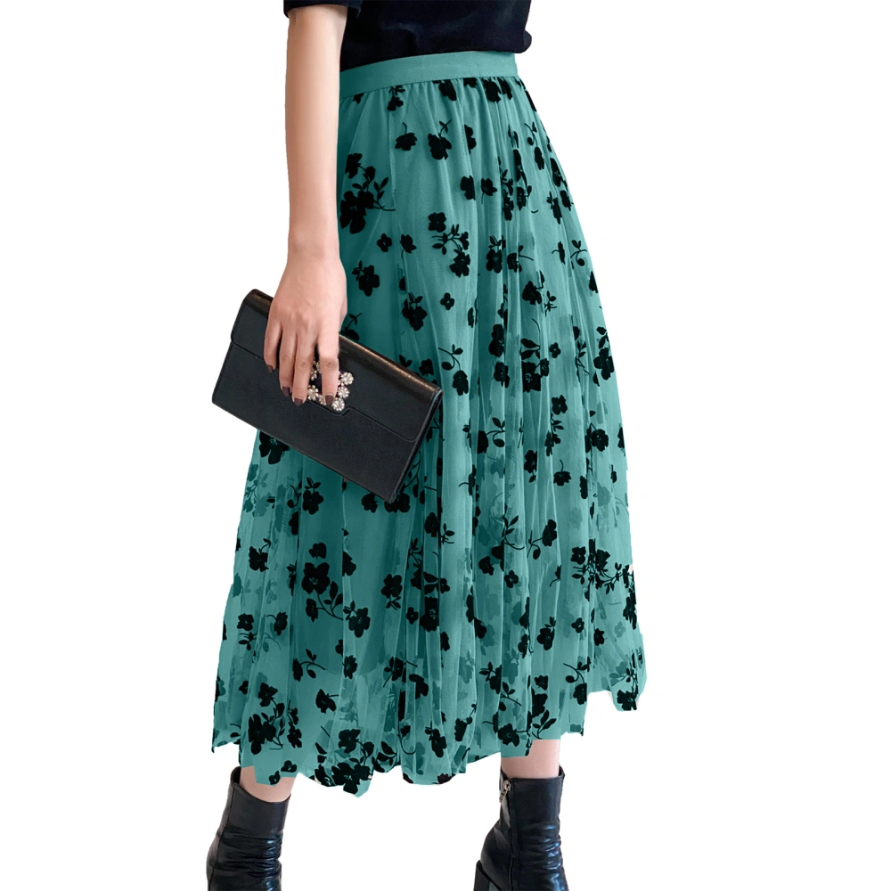 Women’s Tulle Long Skirt, High Waist Flocked Floral Print A-line Skirt