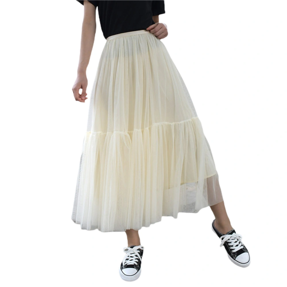 Women's Spring Solid Color Elastic Band Pleated A-line Mesh Skirt