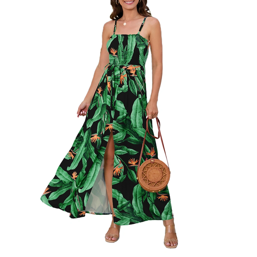 Women Summer Casual Long Dress Leaves Print Sling Dress with Belt