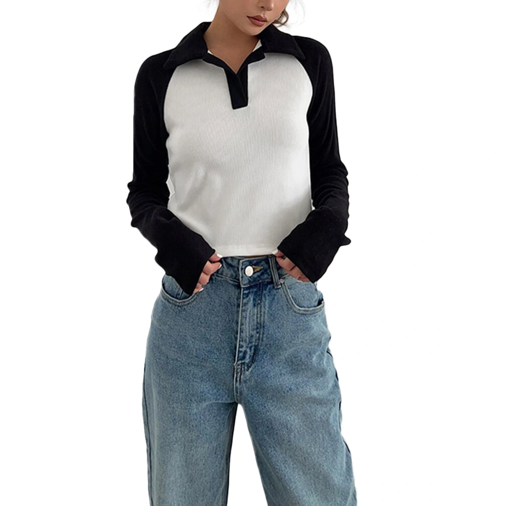 Women Lapel Collar Tops, Long Sleeve Contrast Color Slim Fit T-Shirts