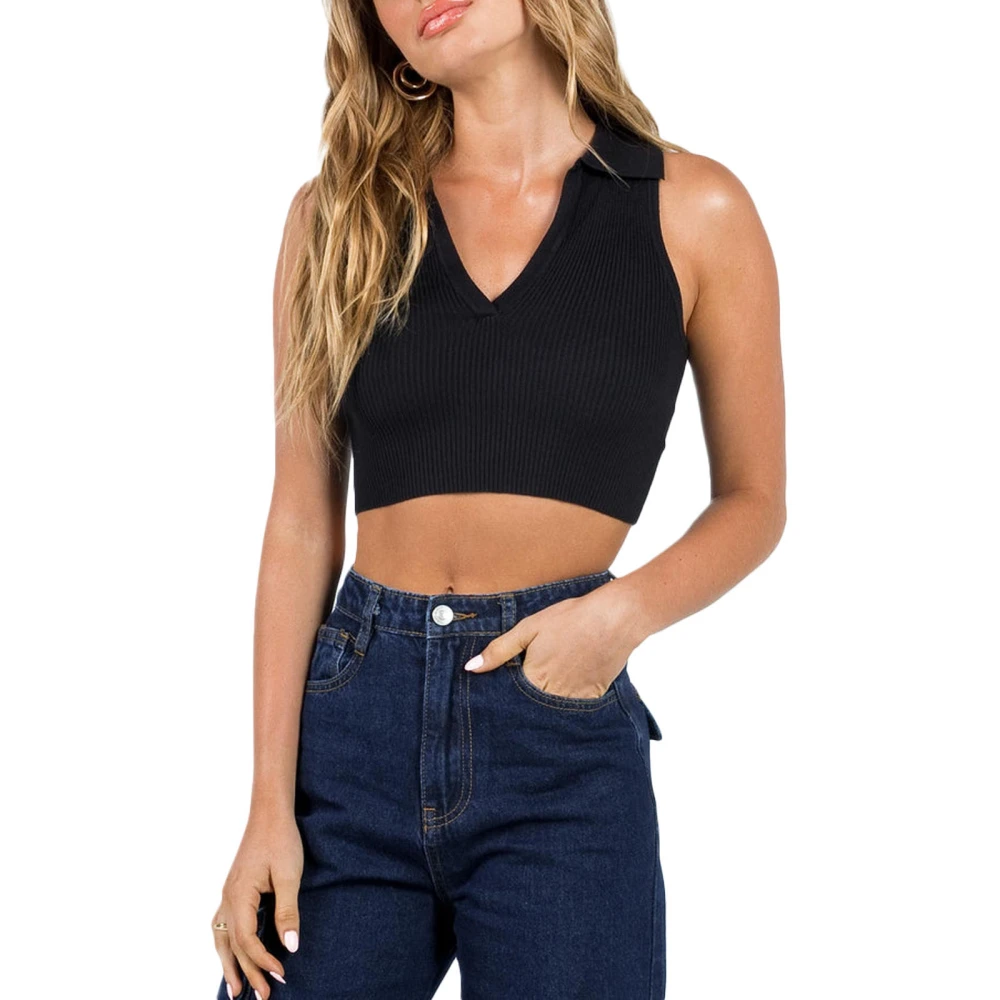 Women Summer Ribbed Tank Tops Lapel V-neck Sleeveless Crop T-shirt