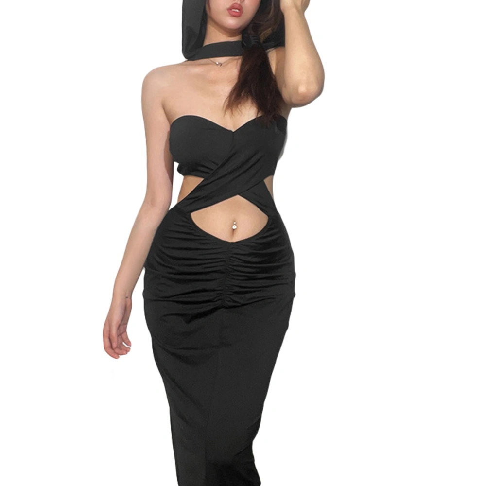 Women's Summer Black Sleeveless Backless Hollow Out Clubwear Dress