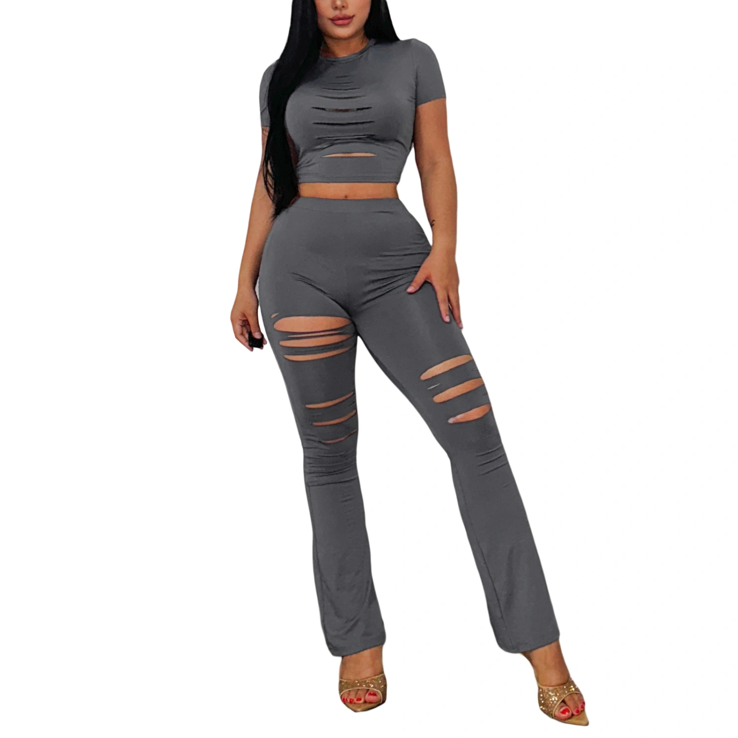 Women Summer Trousers Outfits Cutout Cropped T-shirt and Flared Pants