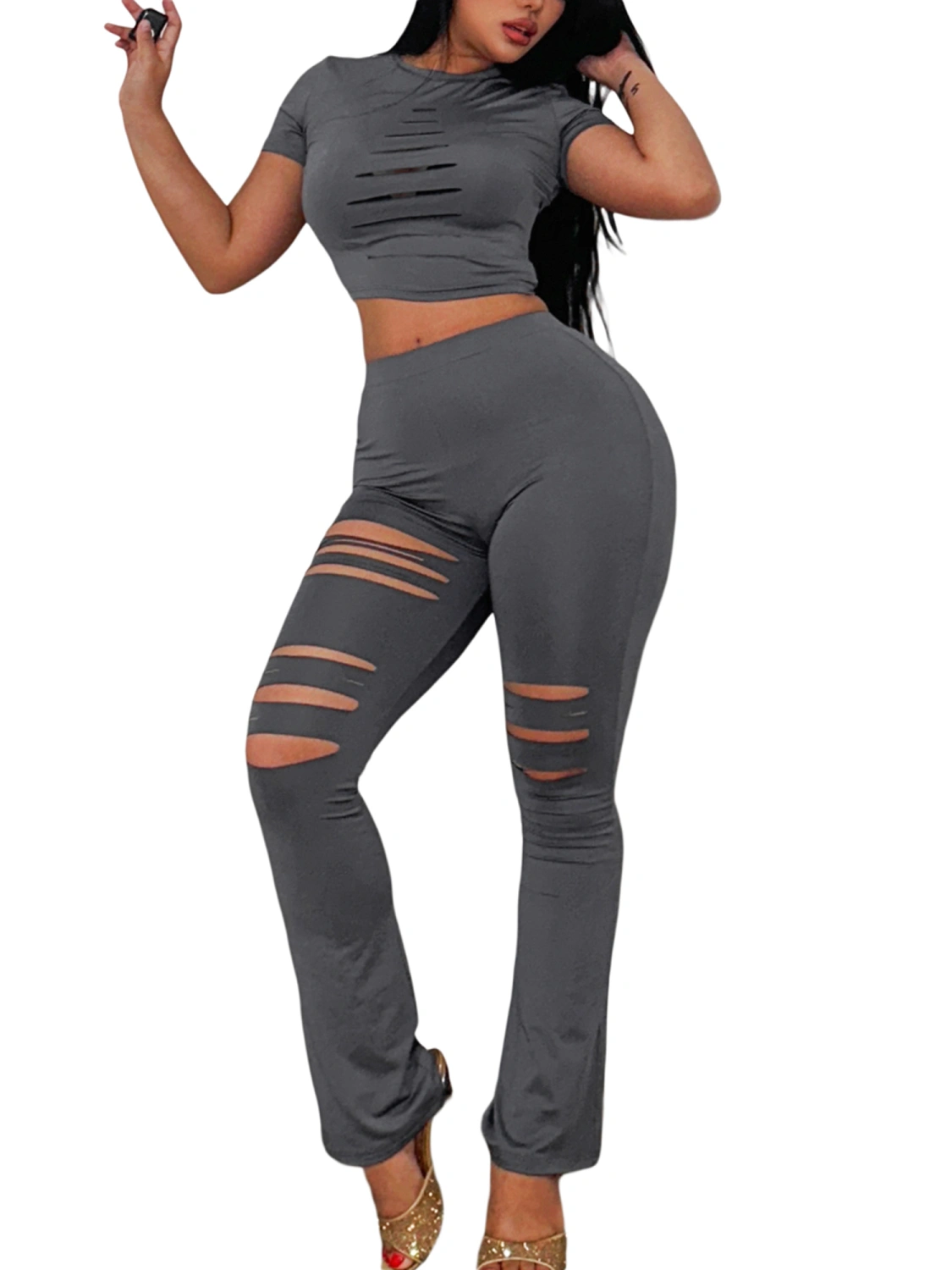 Women Summer Trousers Outfits Cutout Cropped T-shirt and Flared Pants