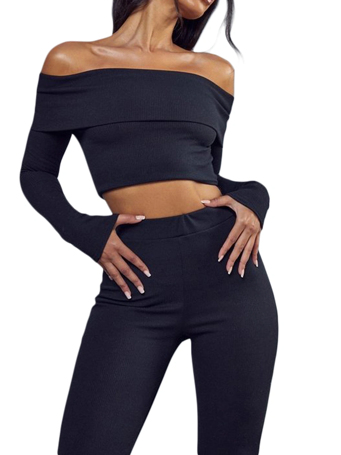 Women’s 2 Piece Casual Outfits, Off Shoulder Crop Tops + Bootcut Pants