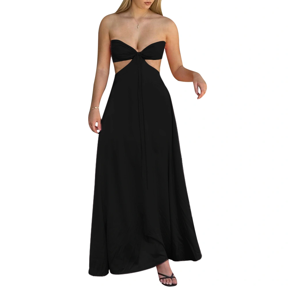 Women Wrap Chest Long Dress Solid Color Hollow Tie-Up Strapless Dress