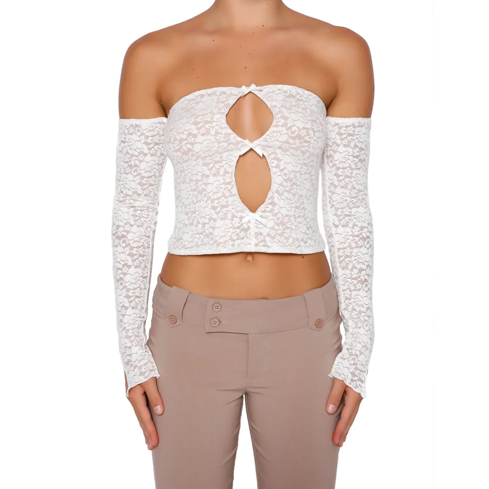 Women Floral Lace Crop Tops Cutout Long Sleeve Off-Shoulder Shirt 