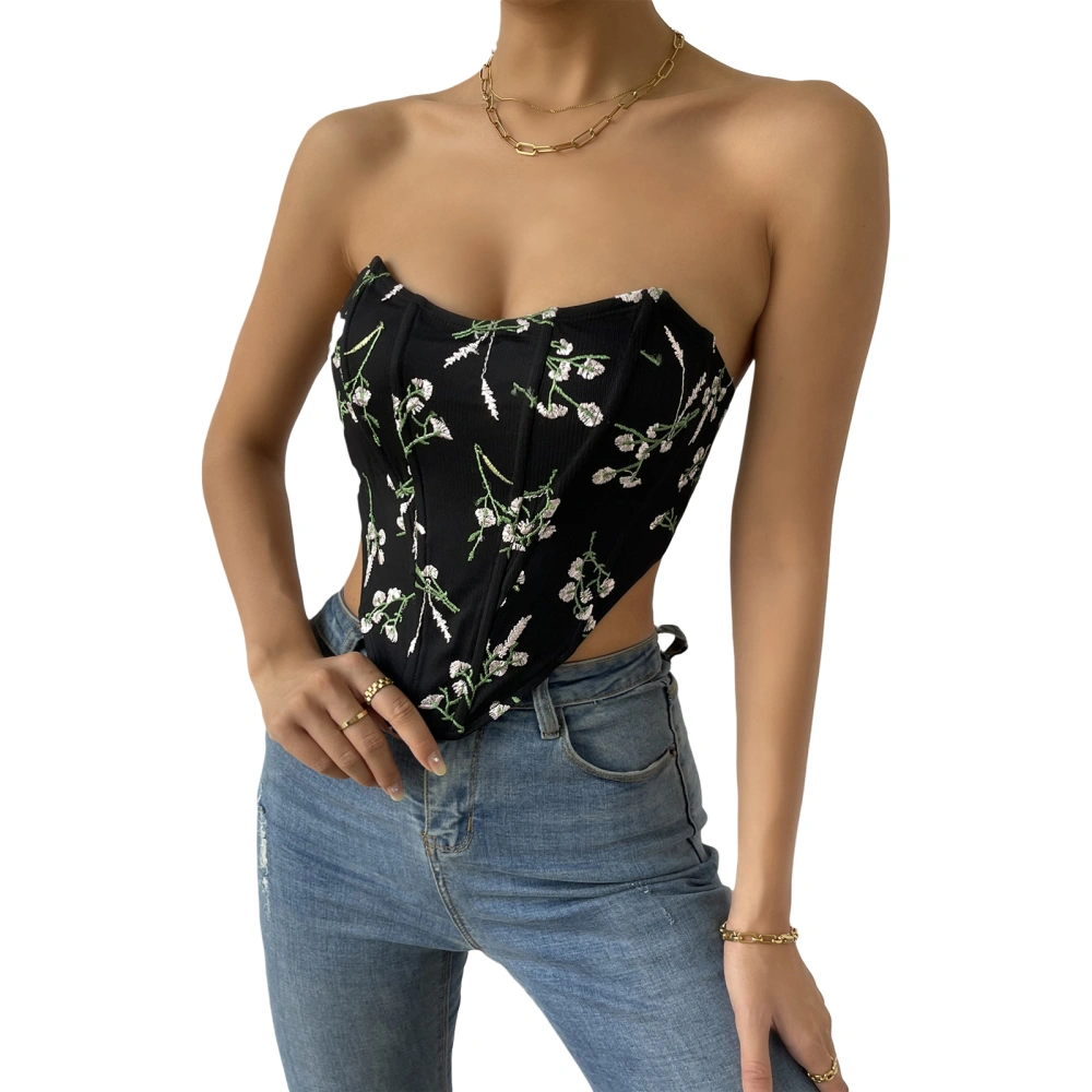 Women Basic Bandeau Floral Embroidery Back Bandage Off-shoulder Tops