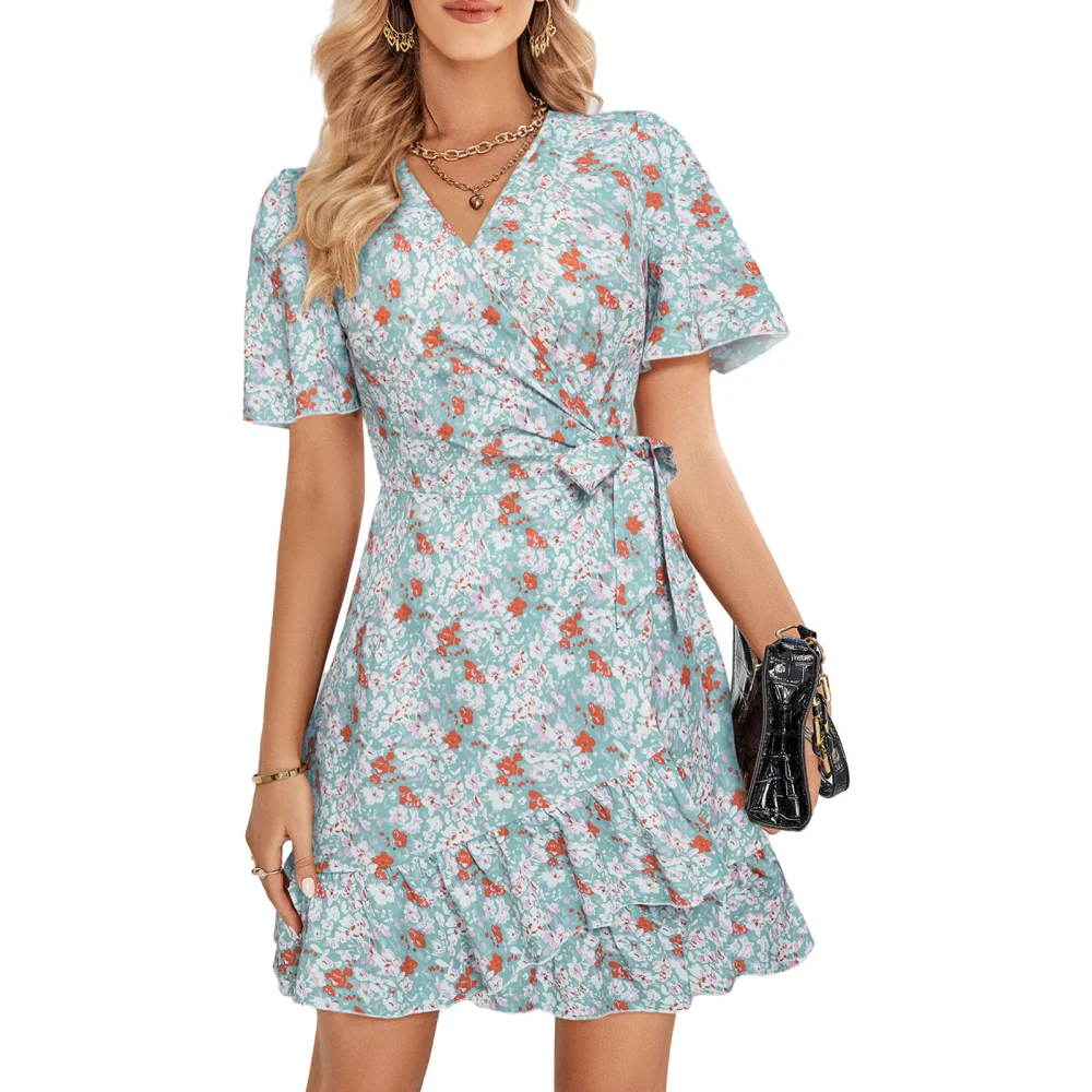 Women Mini Dress Short Sleeve V Neck Tie-up Floral Ruffled Dress