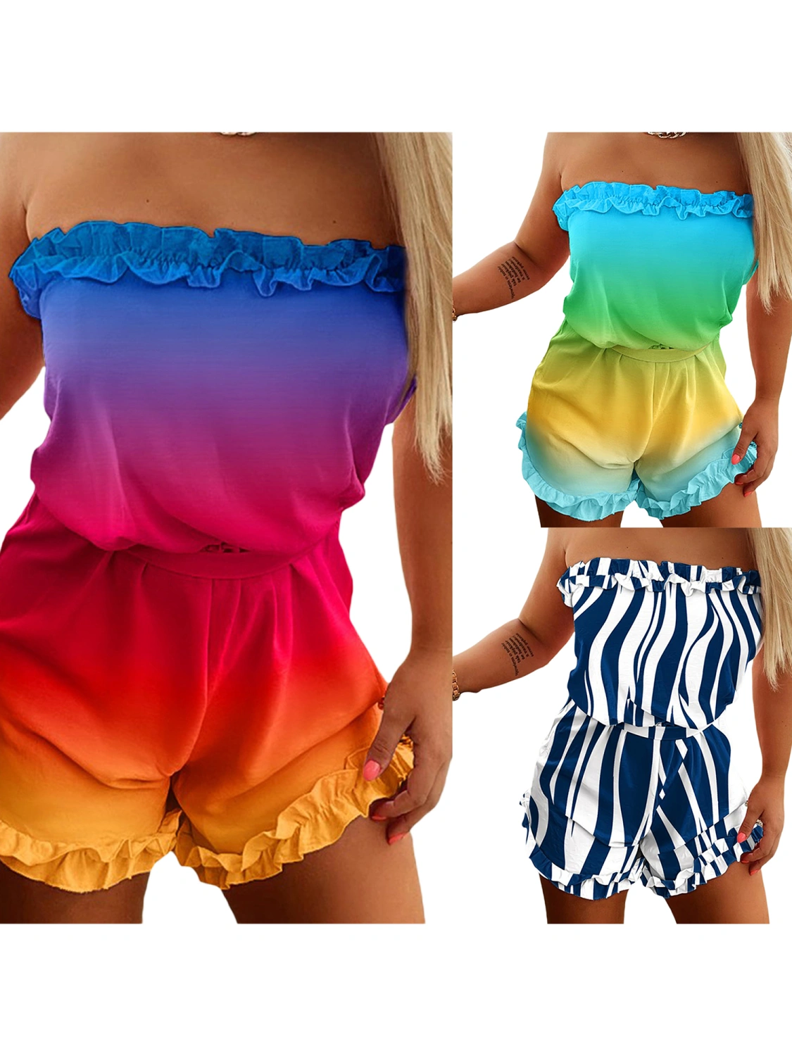 Women Short Jumpsuit Backless Gradient Color/Striped Playsuit