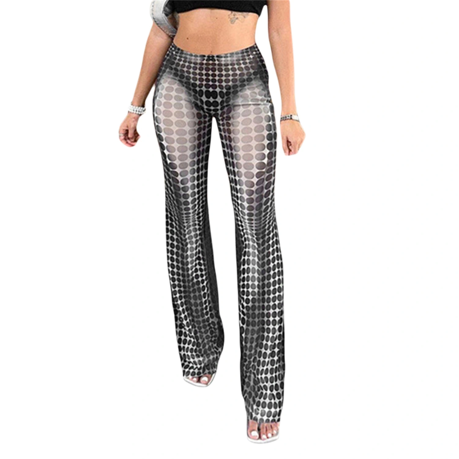 Women High Waist Flared Pants Dot Print Bootcut Bell Bottom Trousers