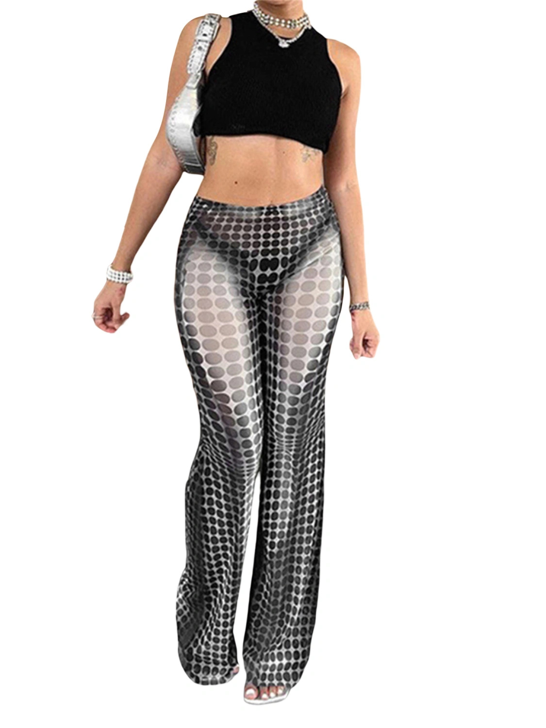Women High Waist Flared Pants Dot Print Bootcut Bell Bottom Trousers