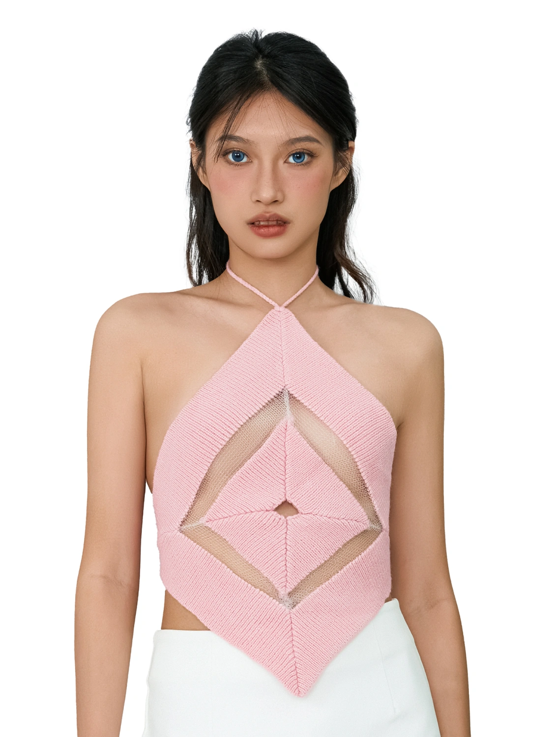 Women Knit Vest, Halterneck See-through Patchwork Summer Club Tops