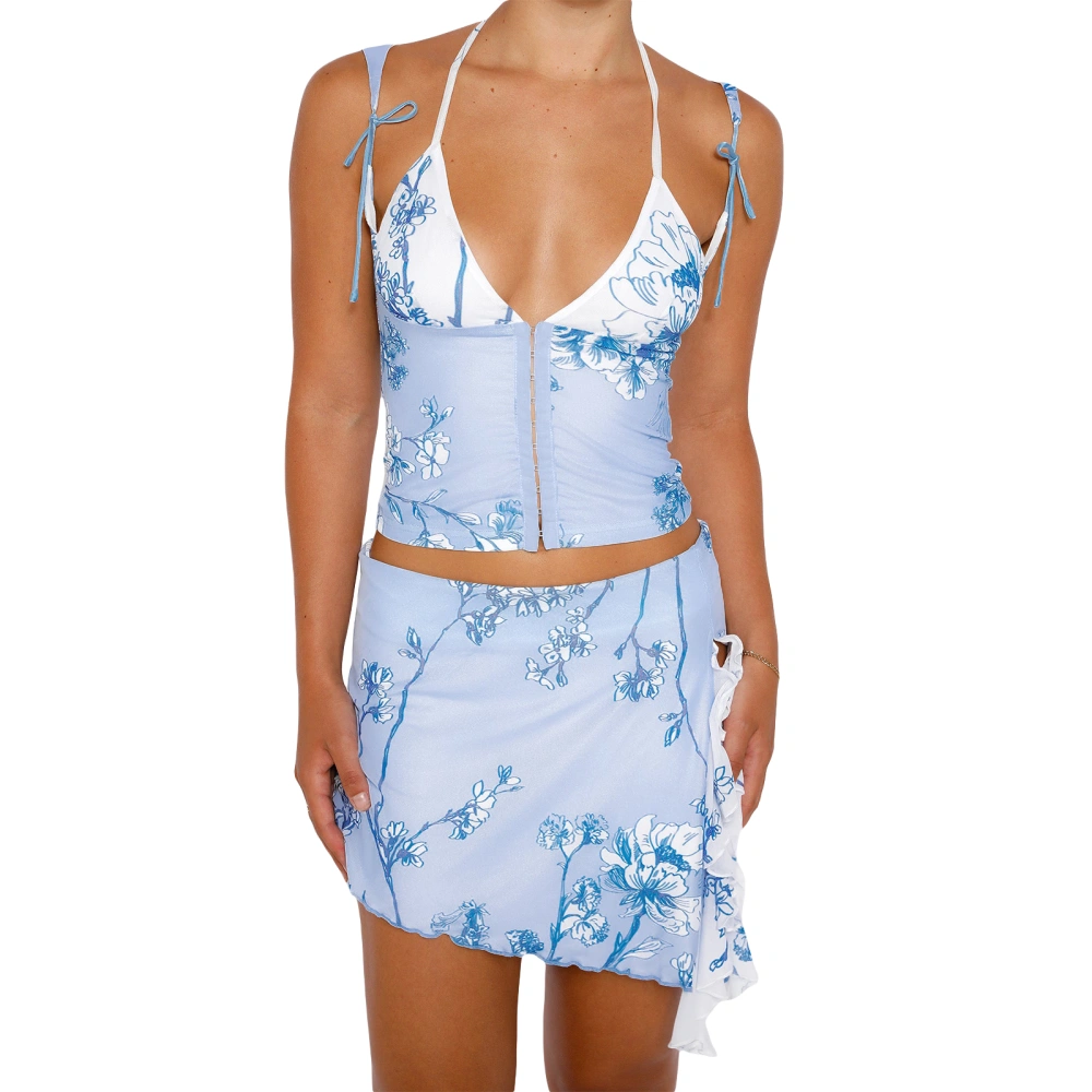 Women’s Two Piece Summer Outfits, Halter Floral Tops and Split Skirt