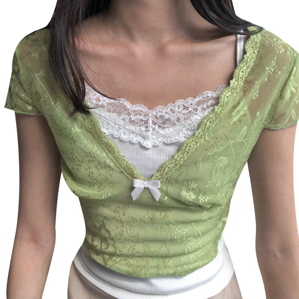 Women Short Sleeve Lace T-shirts False Two-piece Mesh Patchwork Tops