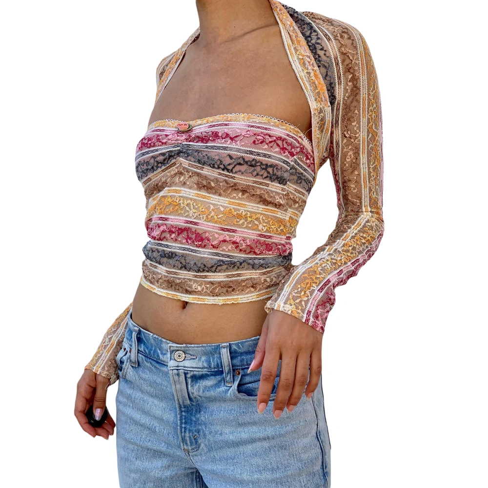 Women Striped Floral Lace Bandeau Off-shoulder Crop Tops and Shrug 