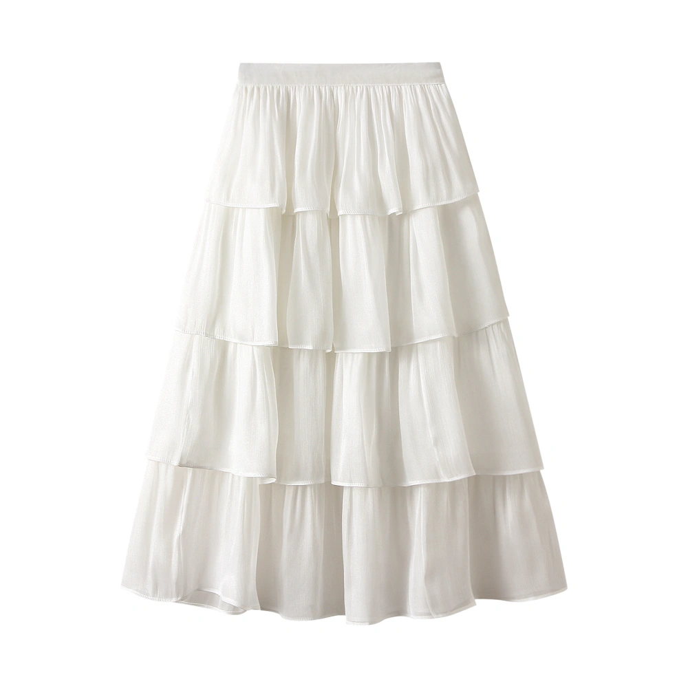 Women Long Skirt, Elegant 4-layer Solid Flowy Summer Ladies Skirt