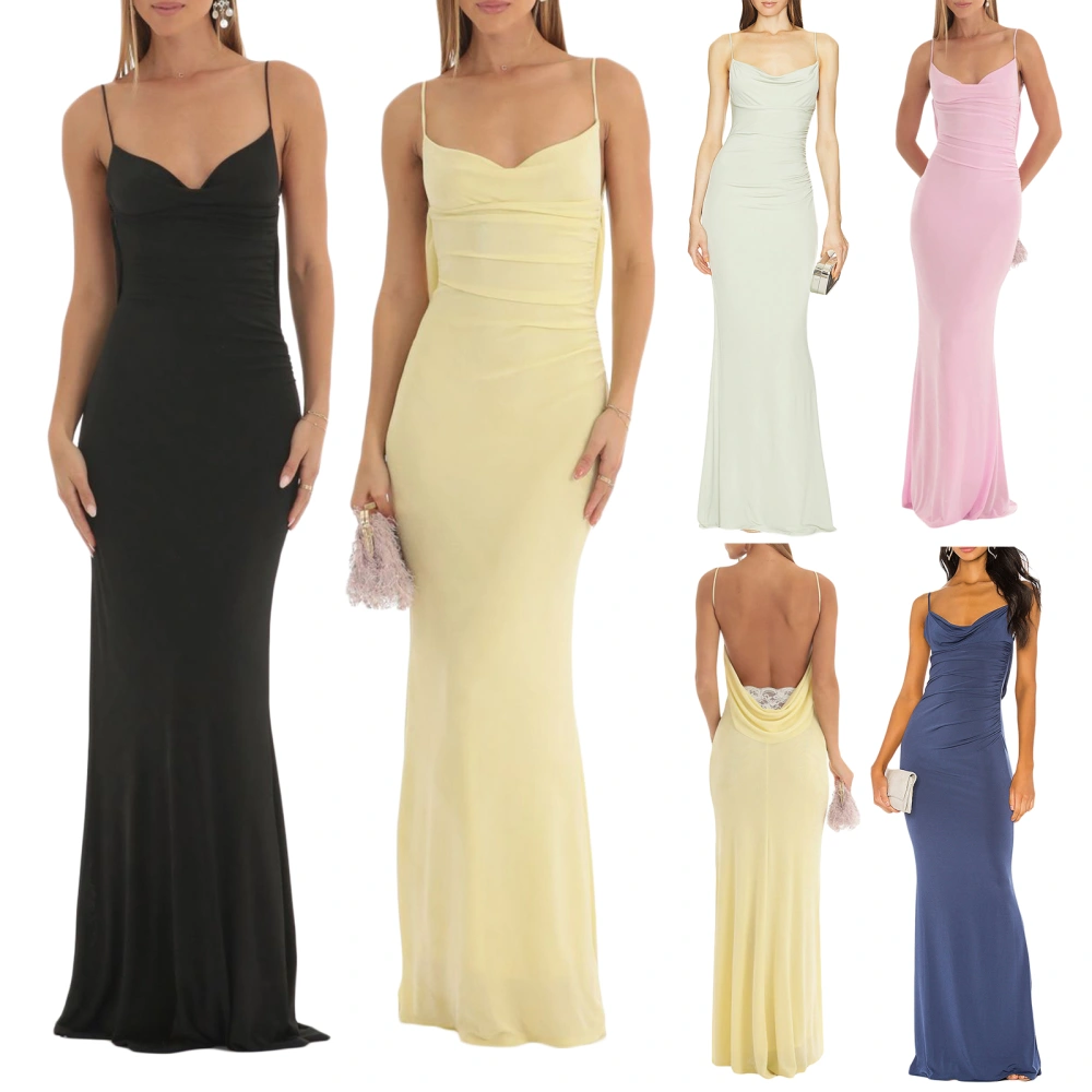 Women Long Bodycon Dress Solid Color Cowl Neck Sling Cocktail Dress