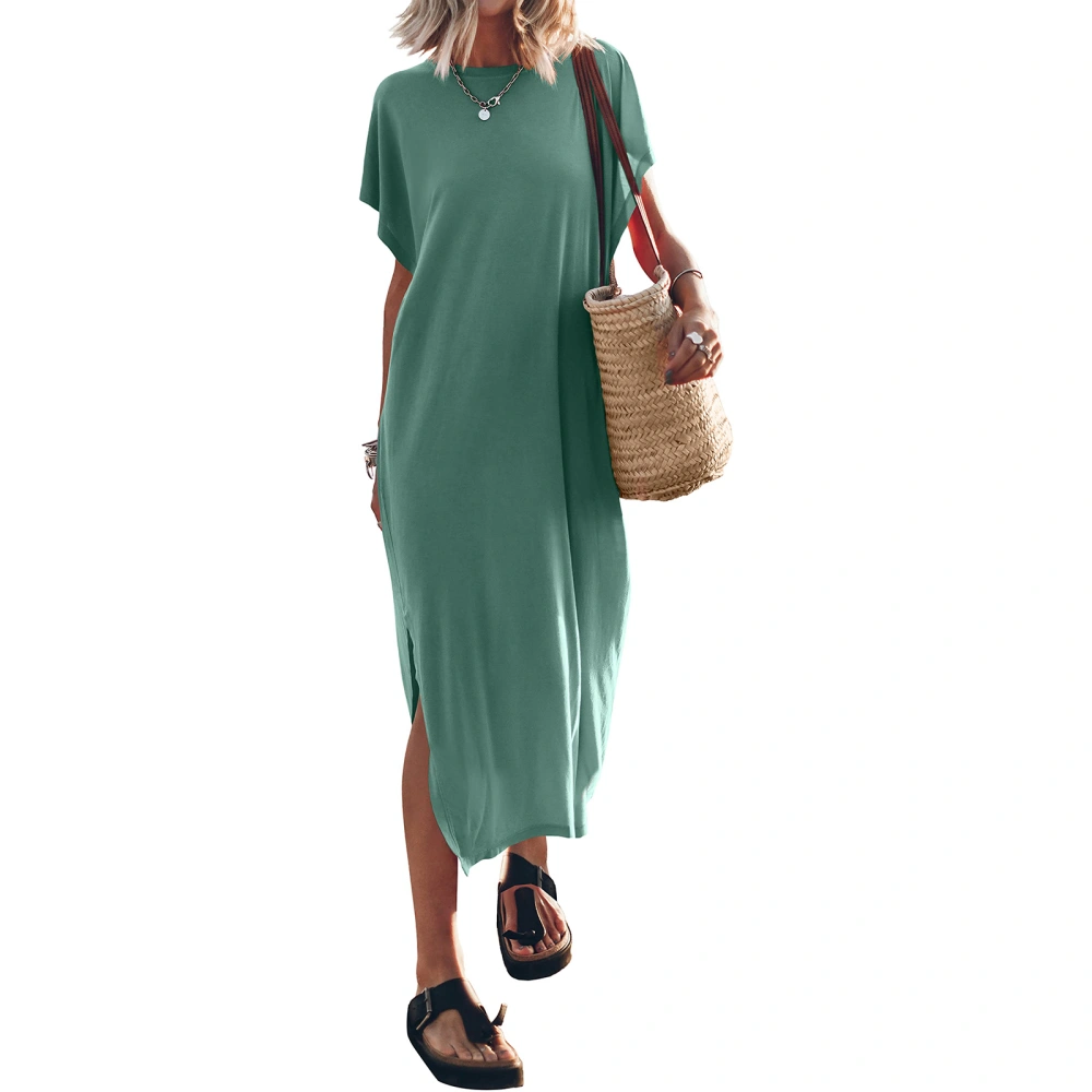 Women's Summer Solid Color Bat Sleeve O Neck Split Beach Dress