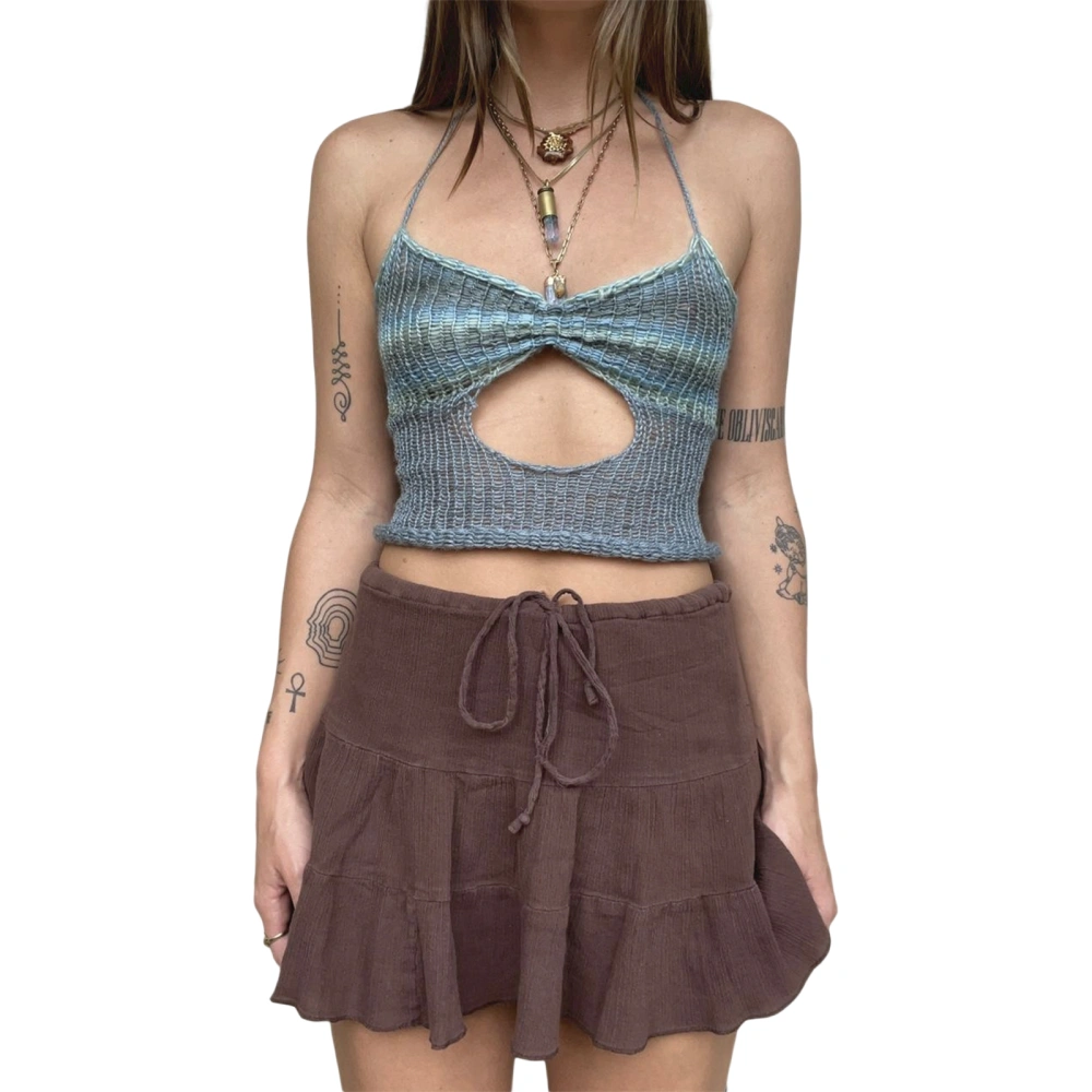 Women Knit Crop Cami Tops, Sleeveless Halter Neck Cutout Camisole