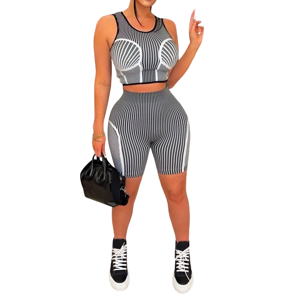 Women Summer 2 Pieces Outfits Stripe Print Crew Neck Tank Tops Shorts