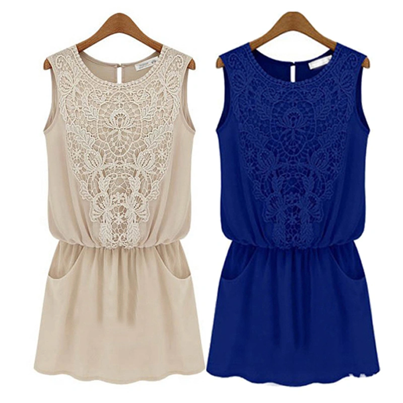 Women's Sleeveless Vest Dress, Round Neck Lace Crochet Short Dress