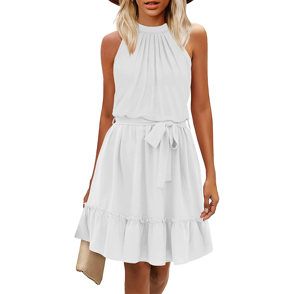 Women Sleeveless A-Line Dress Ruffled Hem Party Dress with Belt 