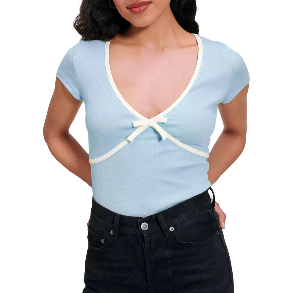 Women T-shirt, V Neck Short Sleeve Contrast Color Bowknot Summer Tops