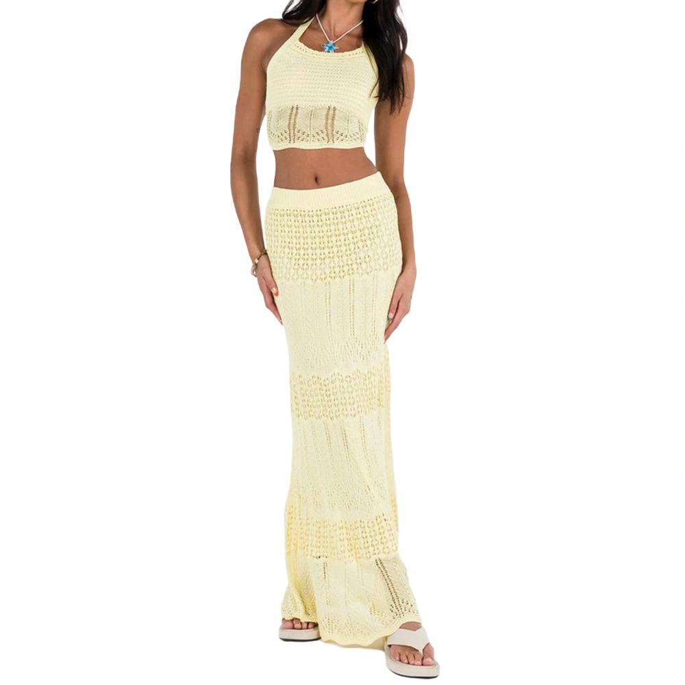 Women’s 2 Piece Summer Outfits, Crochet Halter Tops + Long Skirt Set