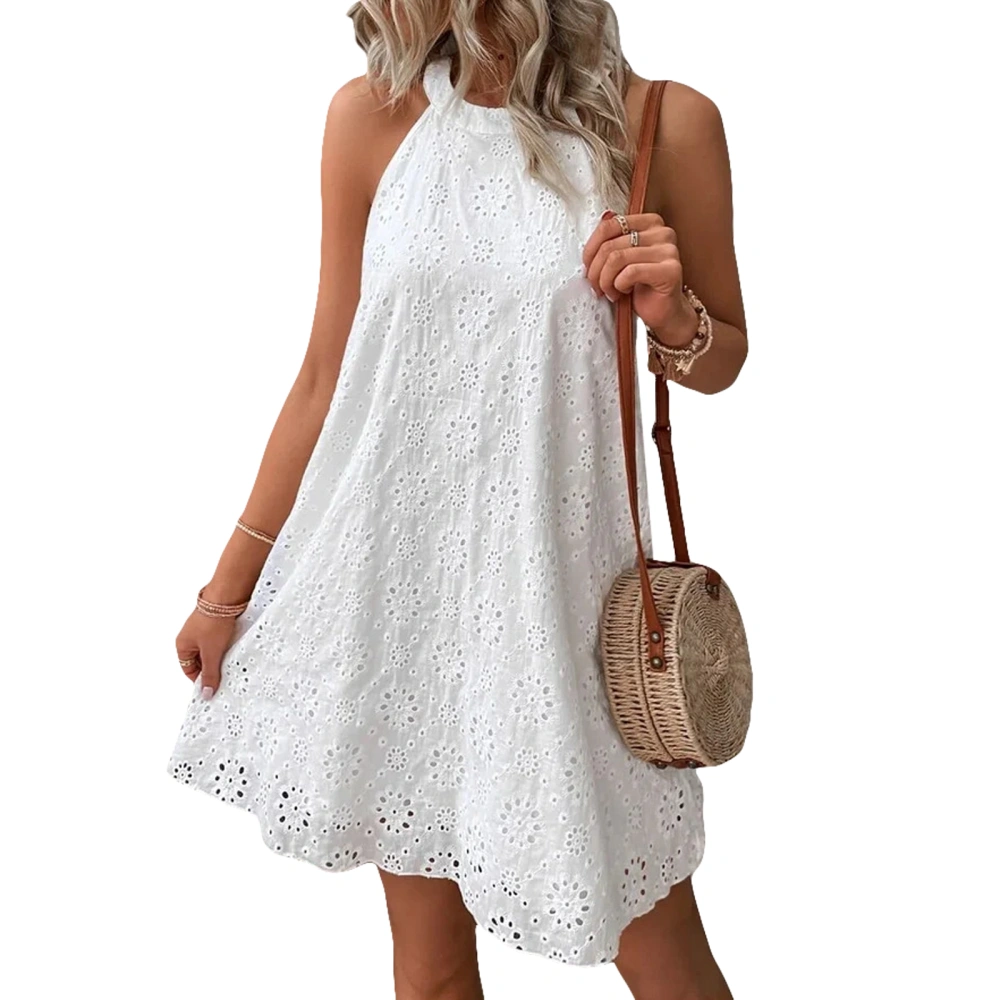 Women Summer Casual Dress Lace Hollow-Out Button Sleeveless Dress