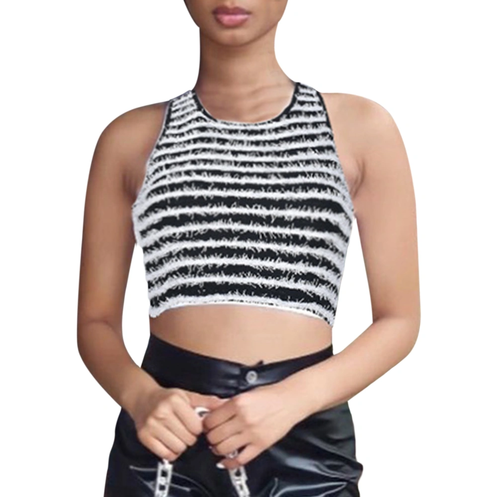 Women’s Fuzzy Tank Tops, Sleeveless Crew Neck Striped Print Crop Tops