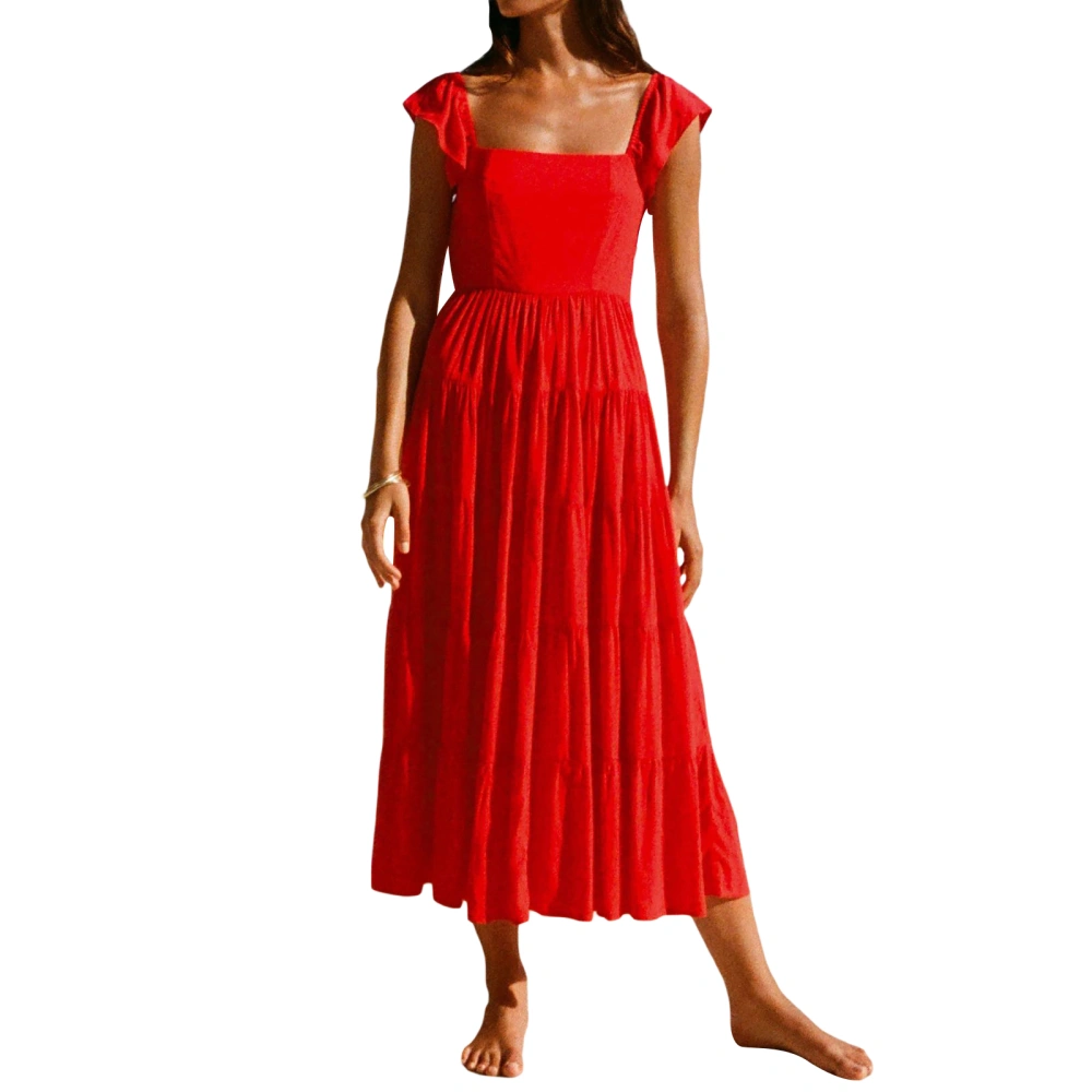 Women Sleeveless Flowy Dress Summer Large Pleated Hem Beach Dress